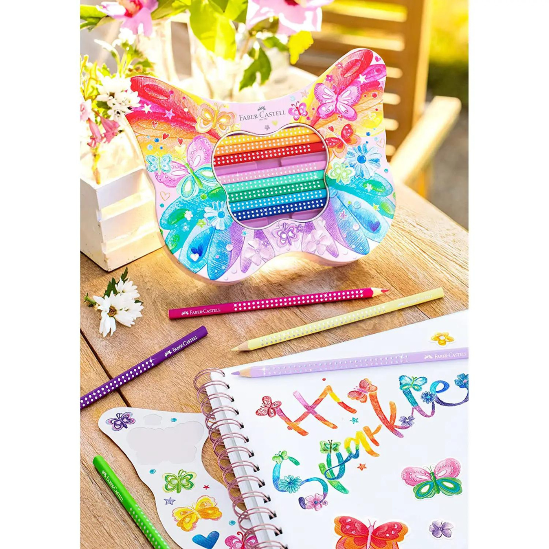 Caixa Metálica Borboleta com 20 Lápis de Colorir Sparkle e Autocolantes Faber-Castell