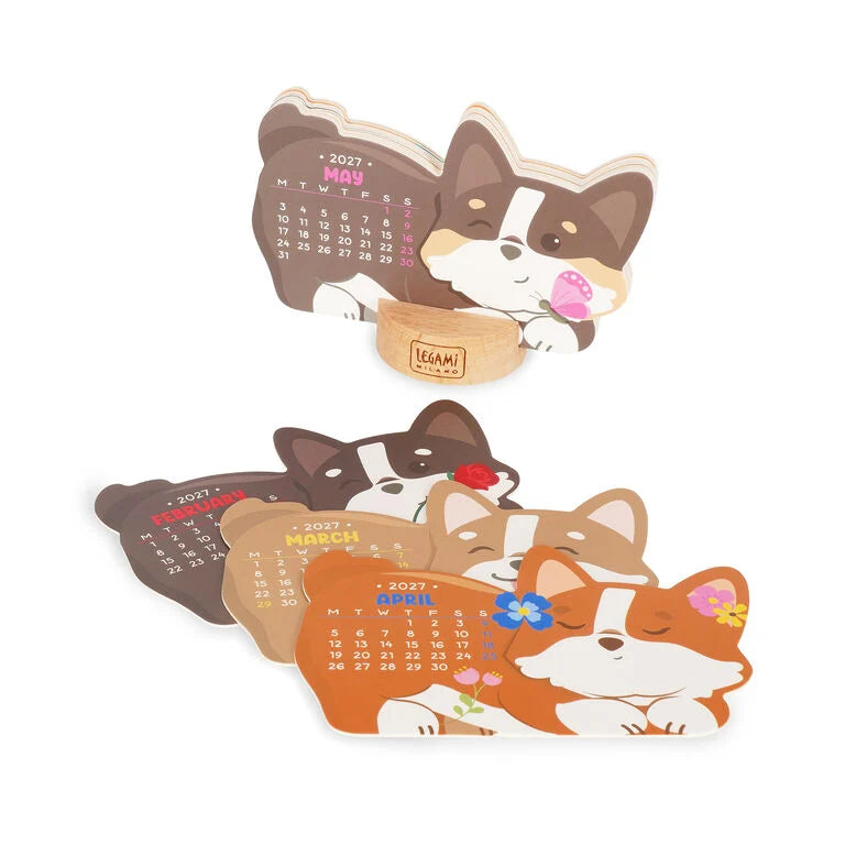 Calendário 2027 Corgi com Base em Madeira Legami