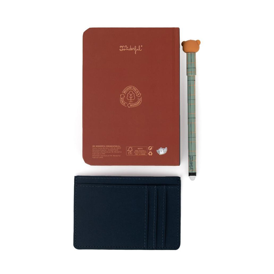 Conjunto Caneta Apagável Especial + Caderno A6 + Porta Cartões Urso Mr.Wonderful