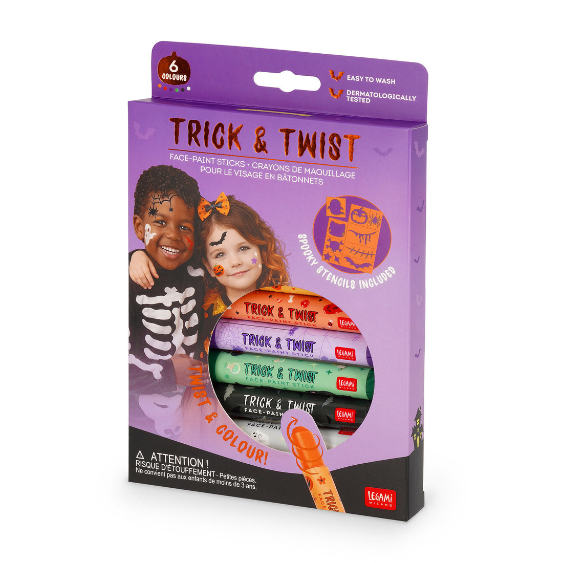 Brevemente - Conjunto de Maquilhagem com 6 Cores e Desenhos Stencils Halloween Legami