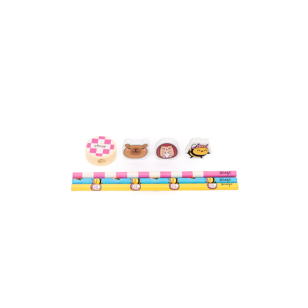 Conjunto Papelaria com 3 Lápis + 3 Borrachas e 1 Afia Wonder Comic Mr.Wonderful