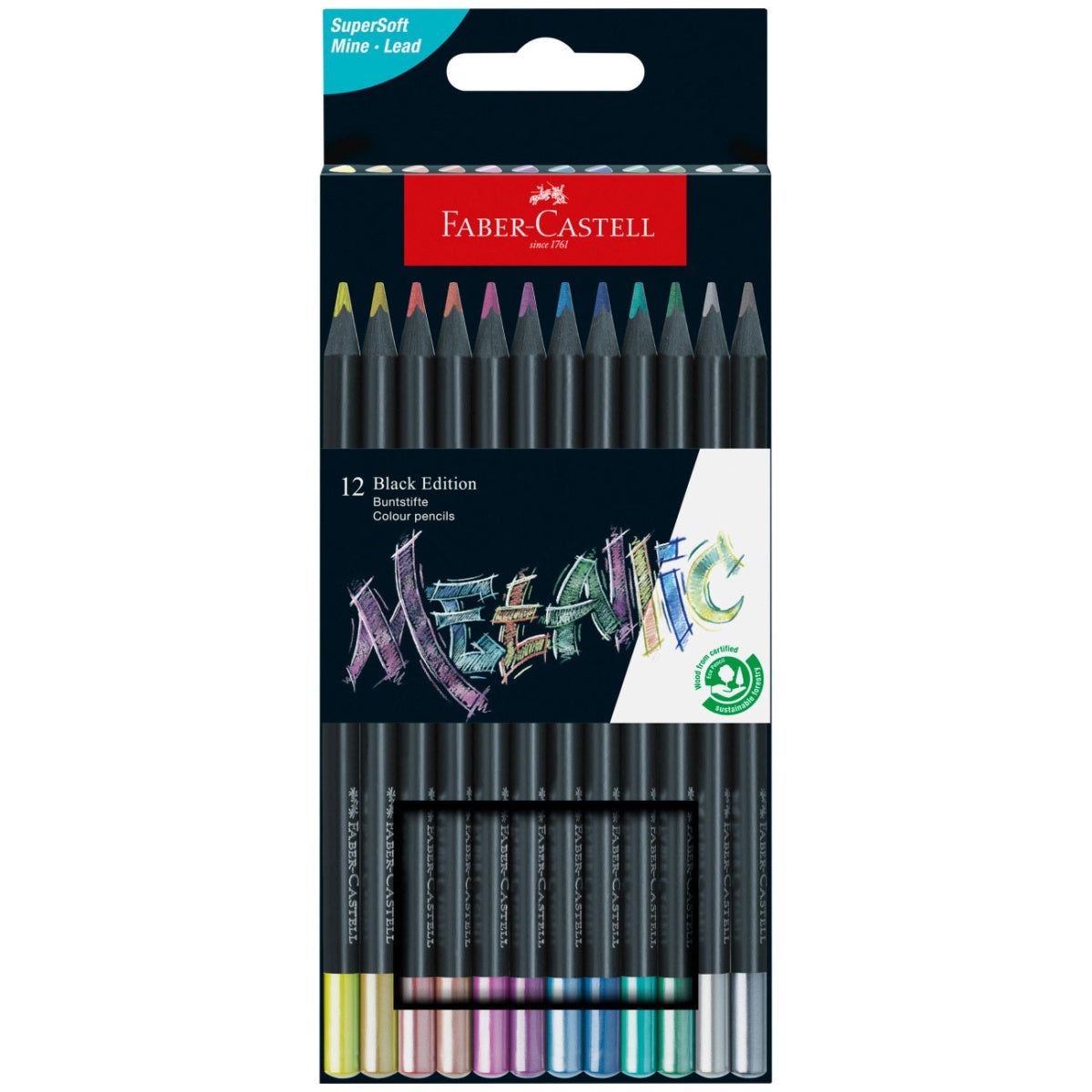 Conjunto 12 Lápis Colorir Black Edição Cores Metálicas Faber-Castell