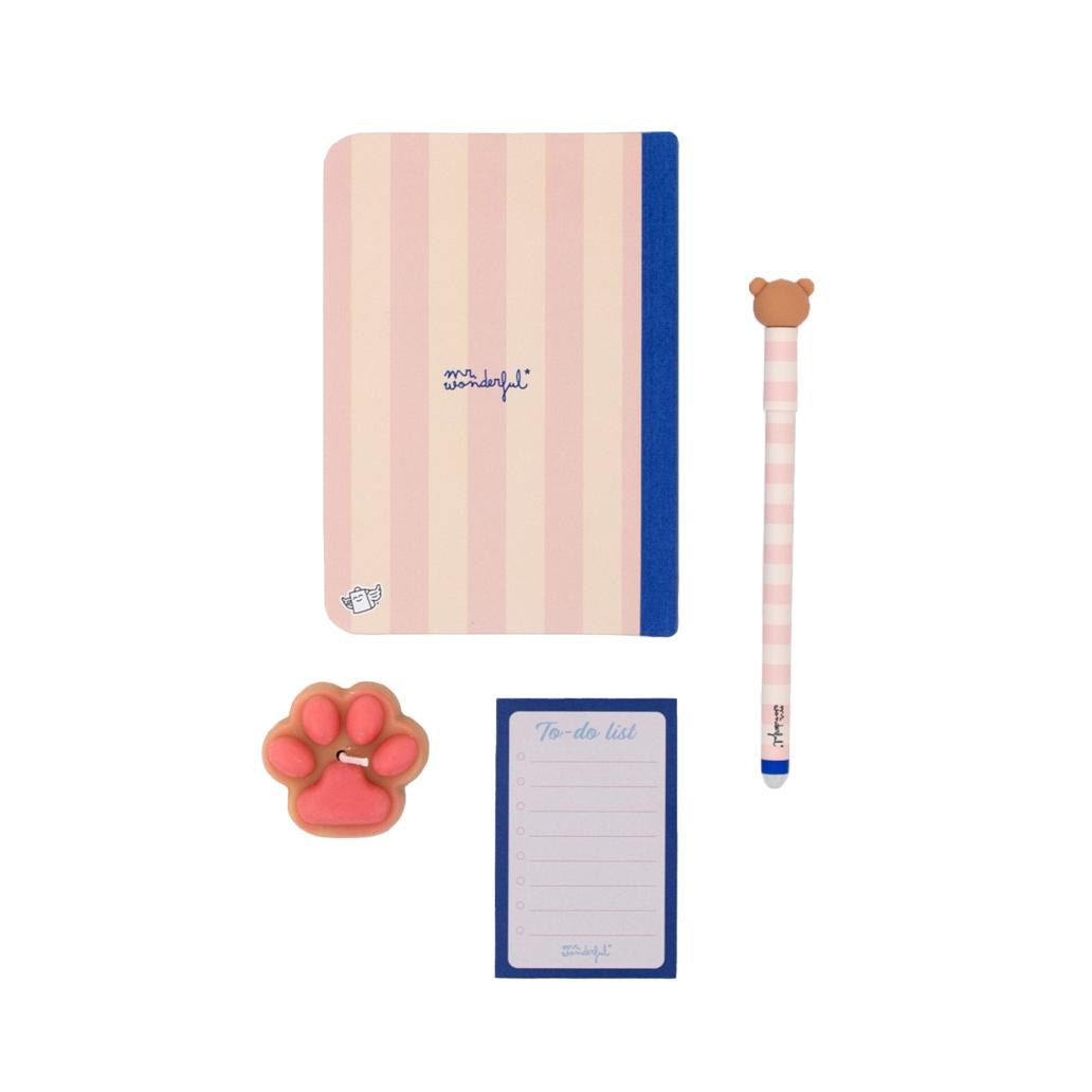 Conjunto Caneta Apagável Exclusiva + Caderno A6 + Bloco + Vela Mr.Wonderful