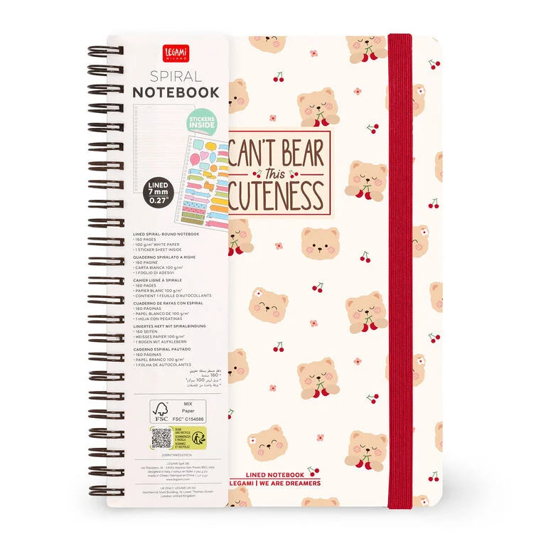 Caderno A5 em Espiral Pautado com Folha de Autocolantes Urso Legami