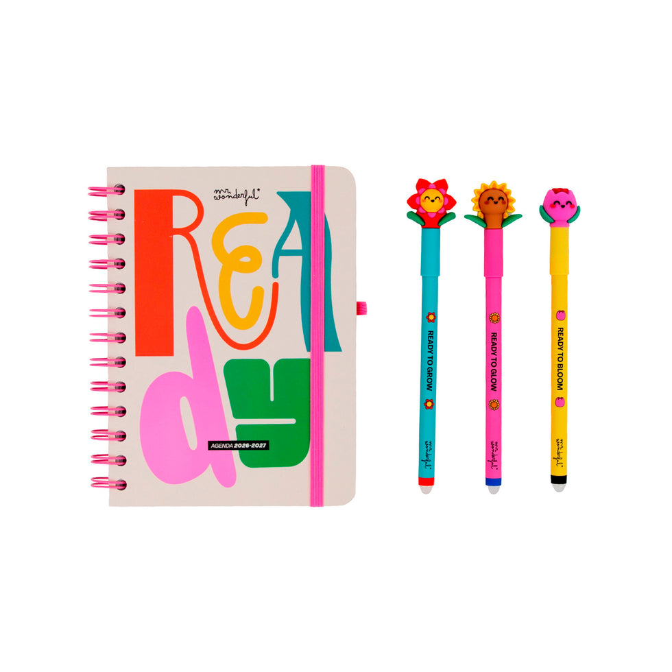 Agenda Semanal Pequena 2026/2027 Mr.Wonderful "Ready" com 3 Canetas Apagáveis Exclusivas