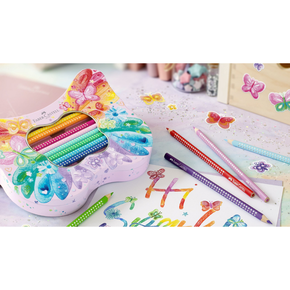 Caixa Metálica Borboleta com 20 Lápis de Colorir Sparkle e Autocolantes Faber-Castell