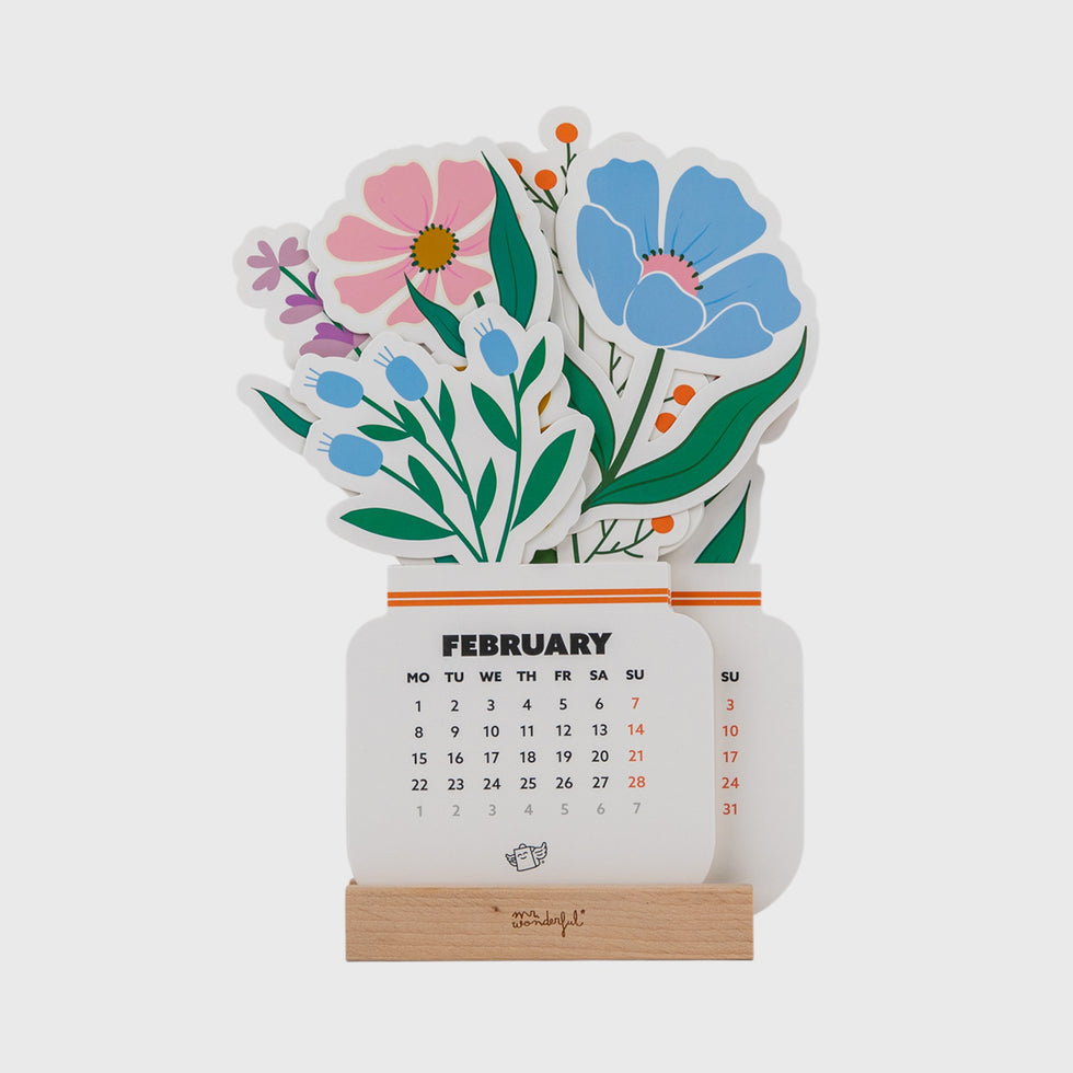 Calendário de Secretária 2027 Mr.Wonderful com Base em Madeira Flores