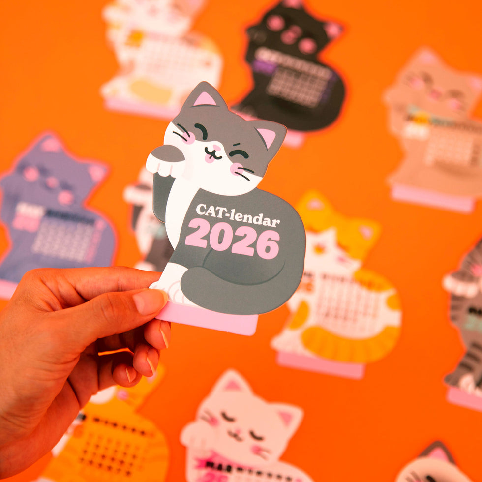 Calendário de Secretária 2026 com Base - CAT-lendar Cinza Mr.Wonderful