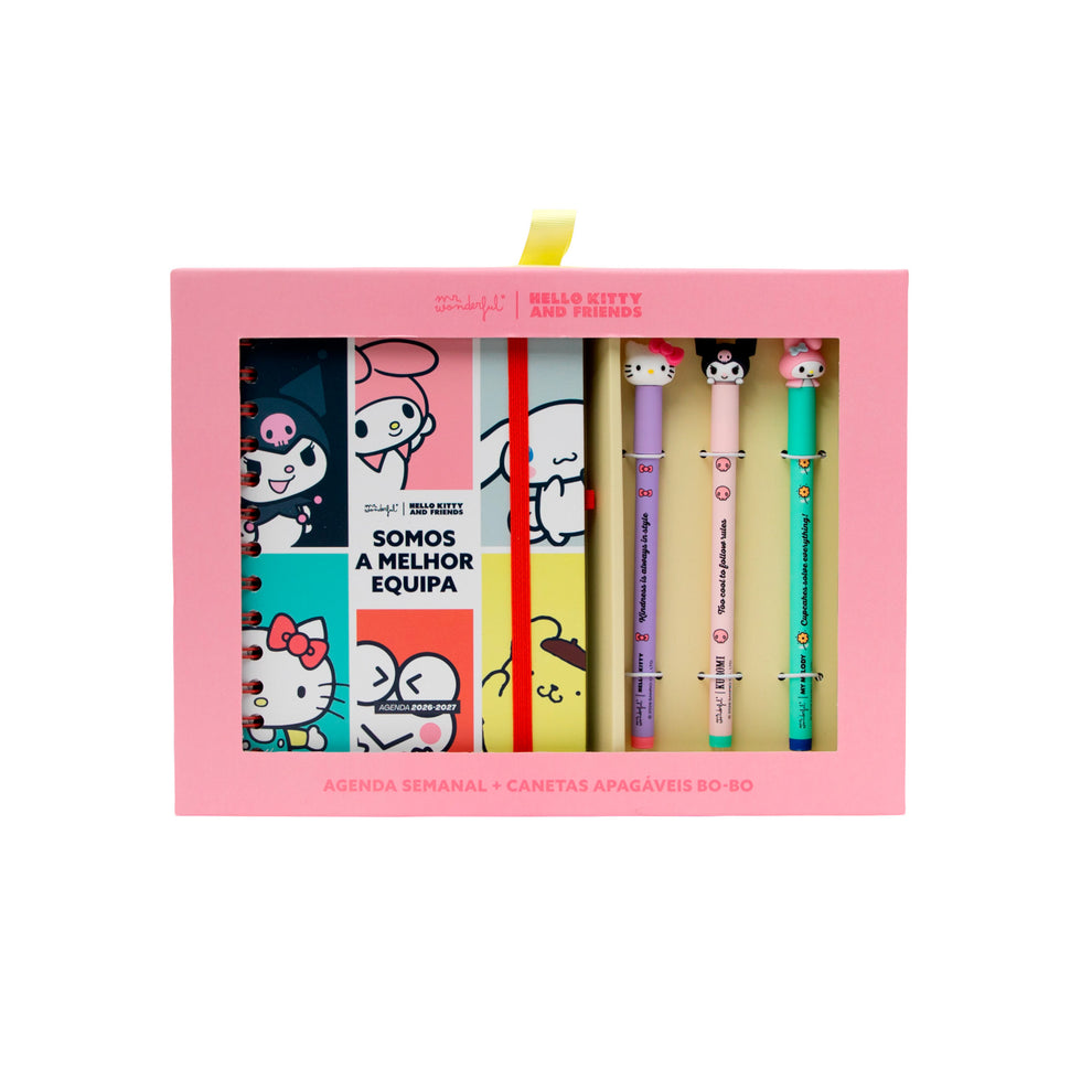 Agenda Semanal Pequena 2026/2027 Mr.Wonderful Hello Kitty & Friends com 3 Canetas Apagáveis "Somos a Melhor Equipa
