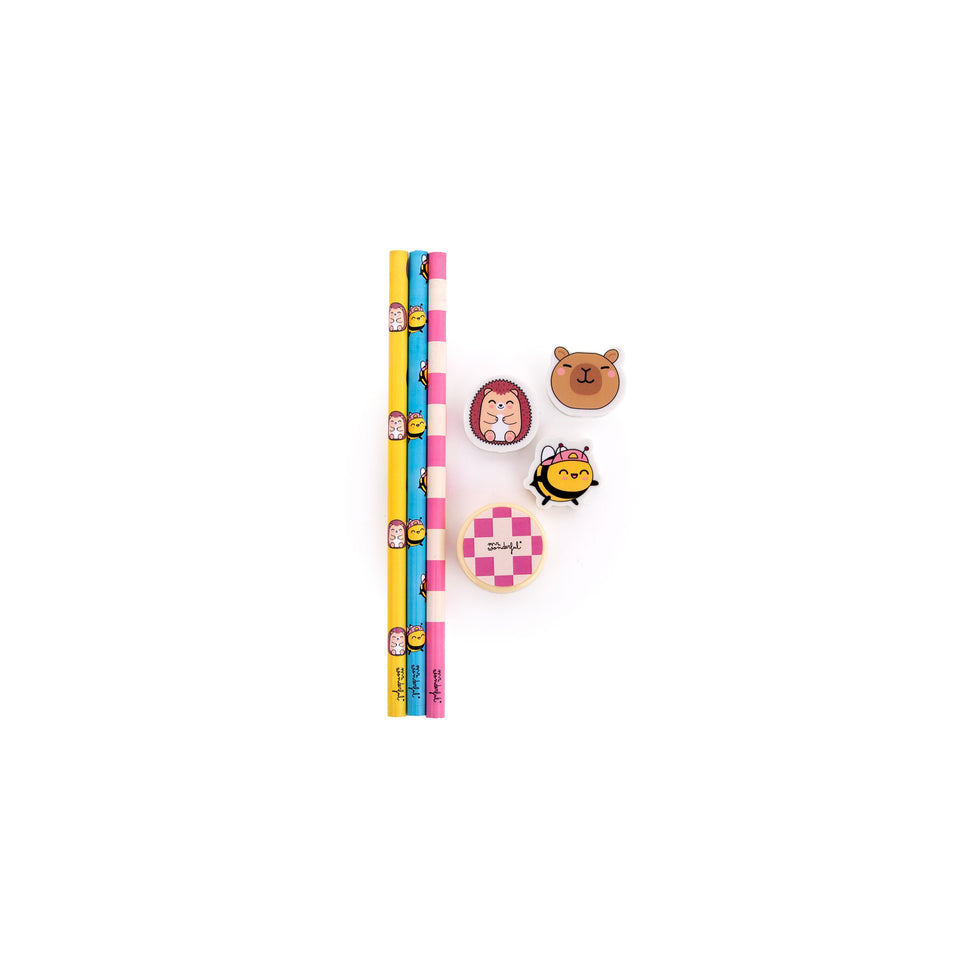 Conjunto Papelaria com 3 Lápis + 3 Borrachas e 1 Afia Wonder Comic Mr.Wonderful