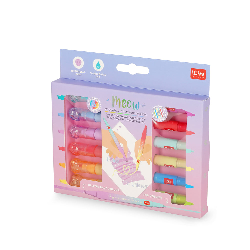 Conjunto 6 Sublinhadores com Glitter e Dupla Ponta de Bicos Diferentes Legami