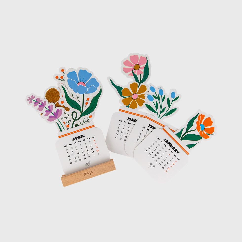 Calendário de Secretária 2027 Mr.Wonderful com Base em Madeira Flores